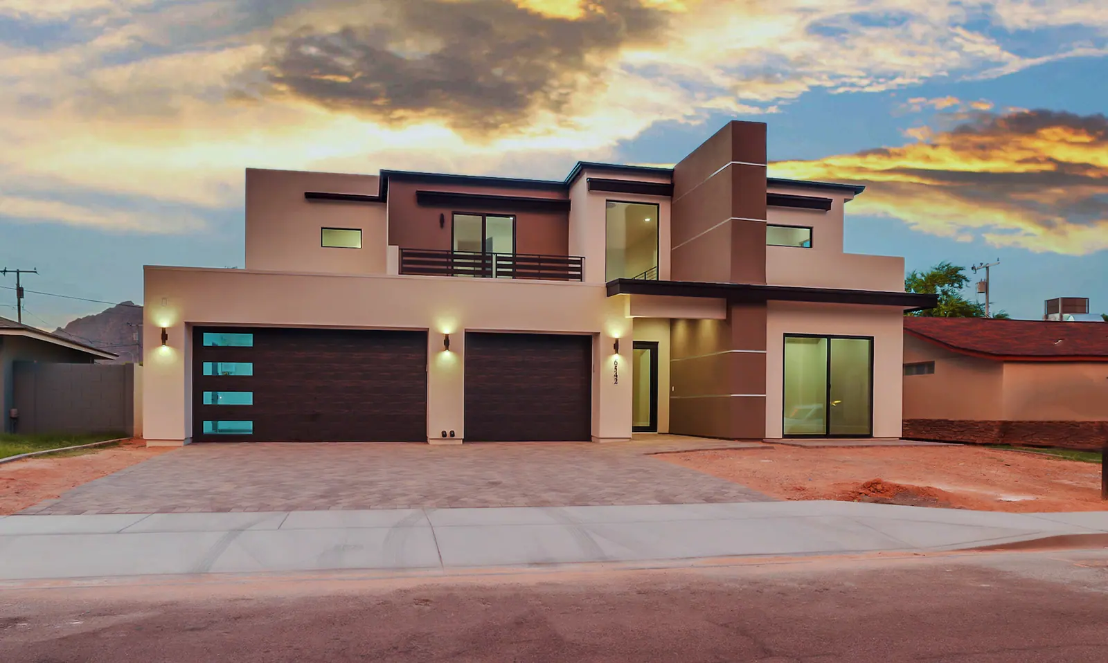A finished Ella Lee Homes custom home at dusk